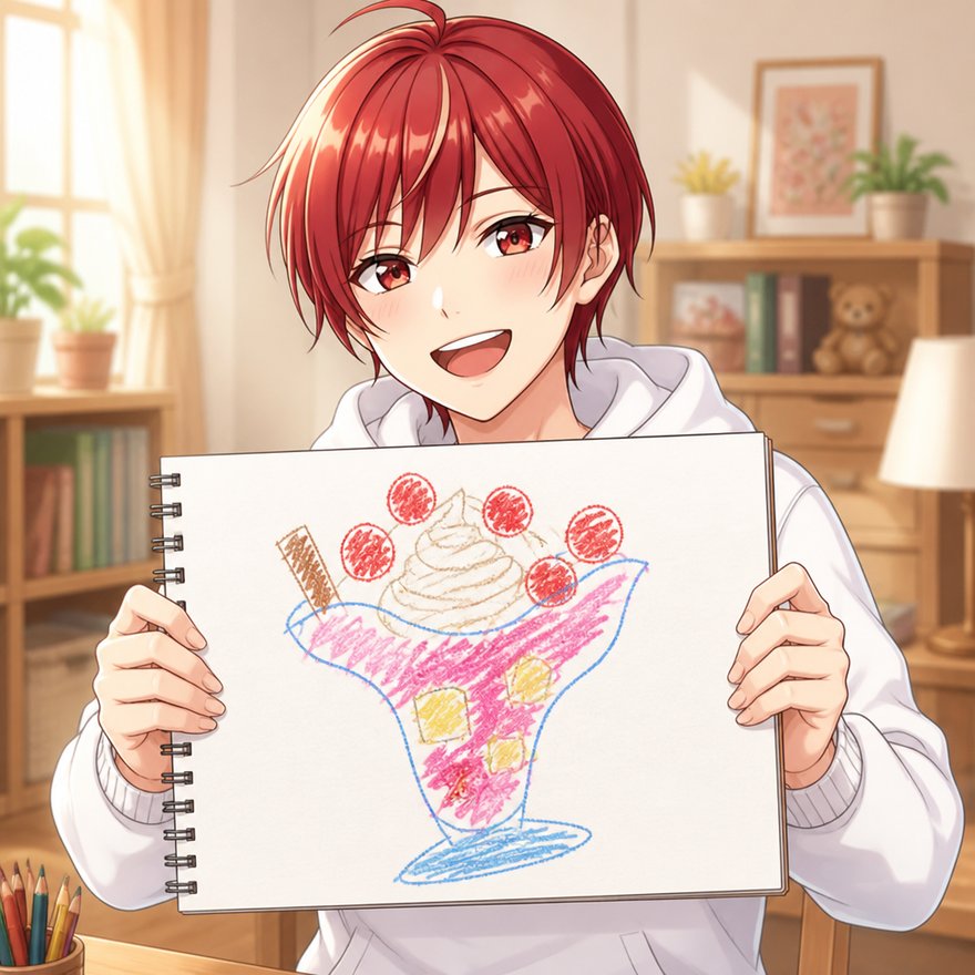 LuC4が、色鉛筆で描いたいちごパフェの絵をスケッチブックごと誇らしげに掲げている。線は歪んで色ははみ出ている
